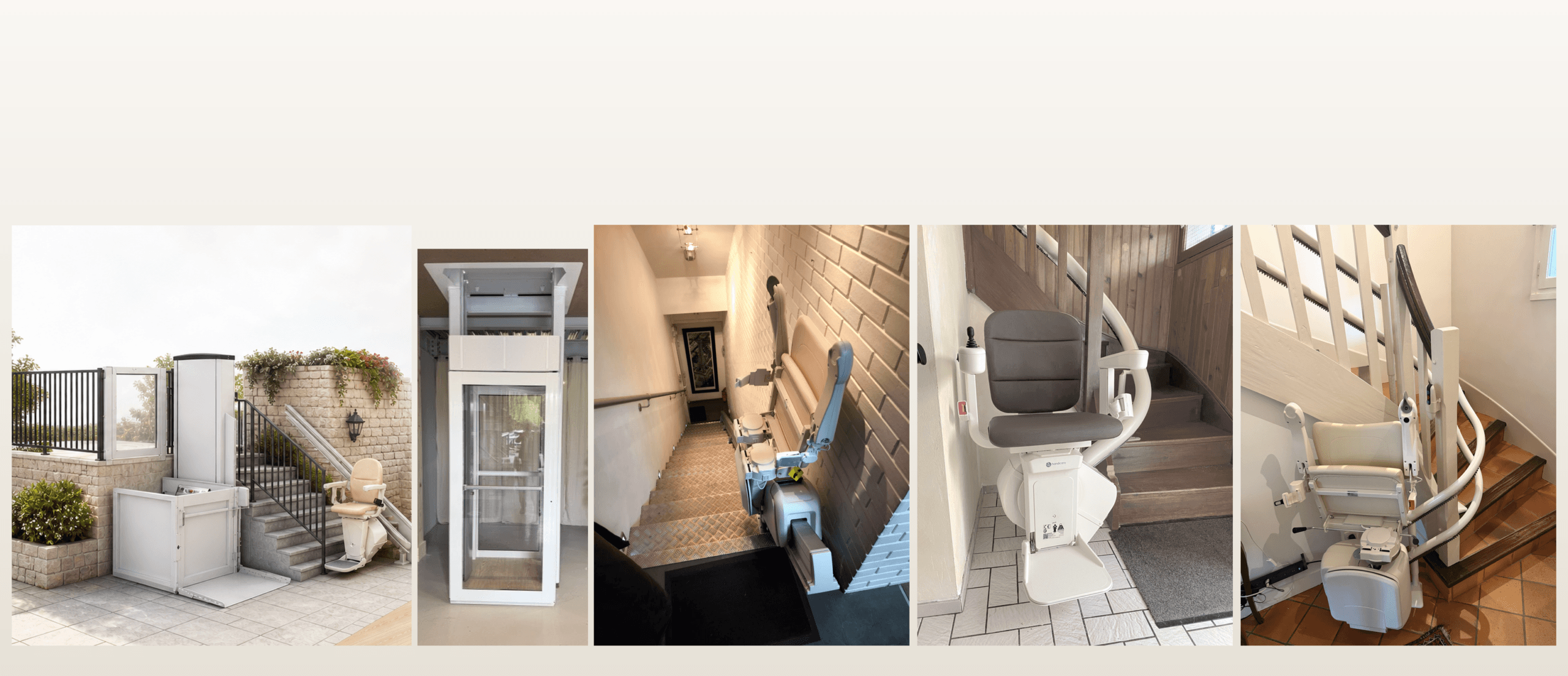 Illustration présentant une gamme de solutions d'accessibilité : plateforme extérieure, ascenseur de maison, monte-escaliers droits et courbes